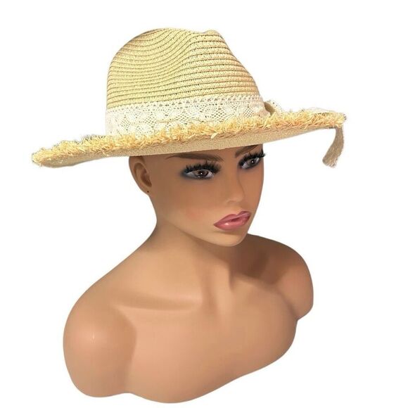 NWT Styline Straw Hat Women's Tan Frayed Edges Woven Wide Brim Crochet Lace Bow - Picture 4 of 9